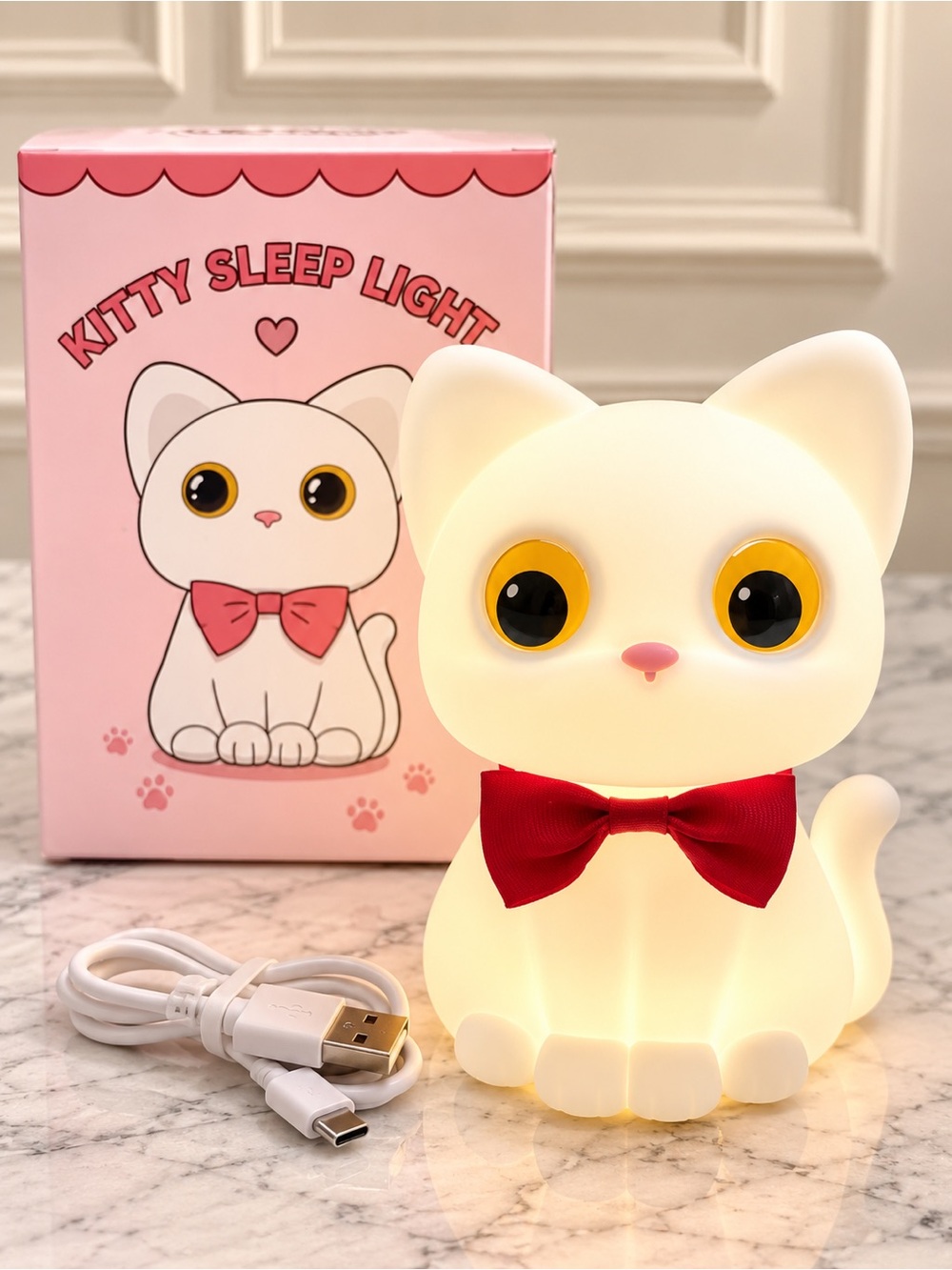 Source Unknown White Kitty Night Lamp with Red Bow
